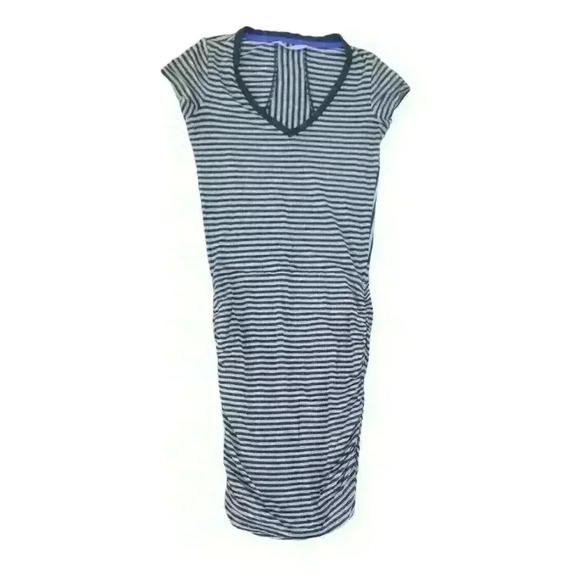 Athleta Womens TOPANGA Dress XXS Black Heather Gray Striped Jersey V-Neck Ruched - Picture 1 of 9